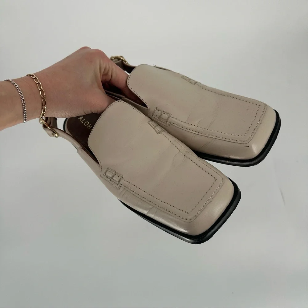 Alohas Abe Slingback Leather Loafer Mules Cream Square Toe Low Heel Size 38 7.5 - Picture 2 of 9